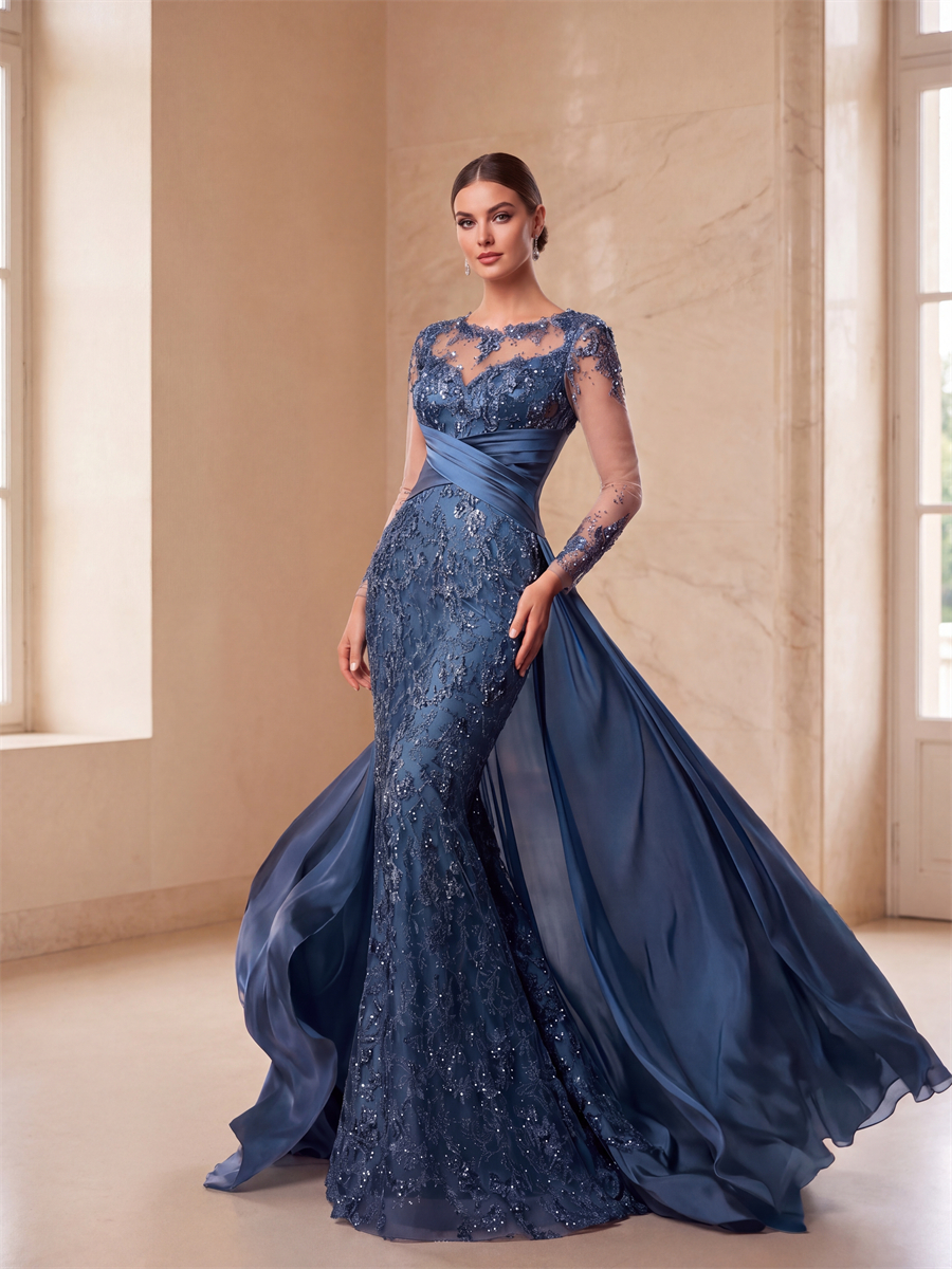 Sheath Scoop Long Sleeves Appliques Lace Sweep Train Satin Chiffon Corset Mother of the Bride Dress
