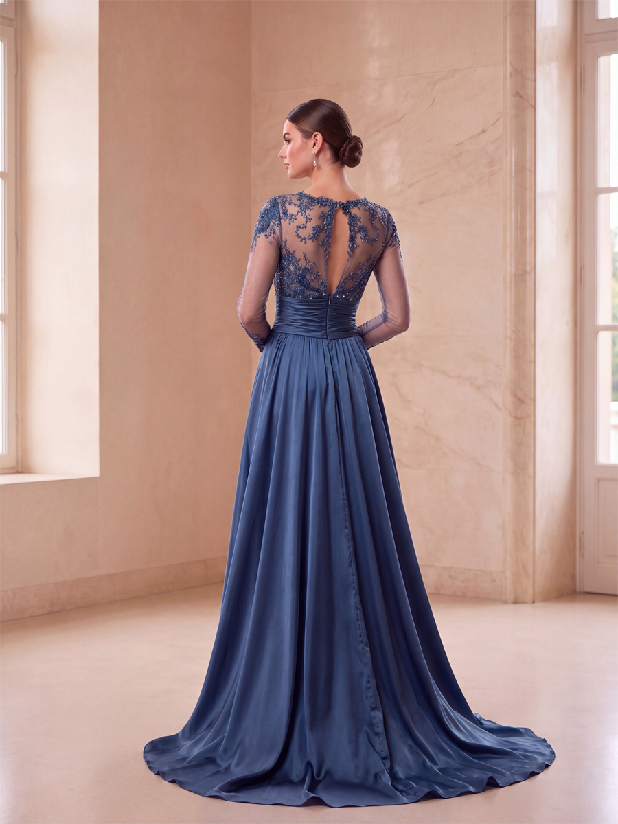 Sheath Scoop Long Sleeves Appliques Lace Sweep Train Satin Chiffon Corset Mother of the Bride Dress