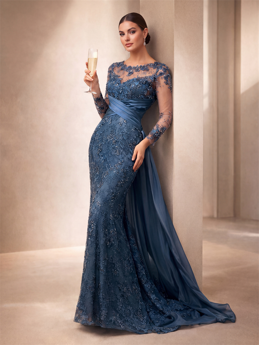 Sheath Scoop Long Sleeves Appliques Lace Sweep Train Satin Chiffon Corset Mother of the Bride Dress