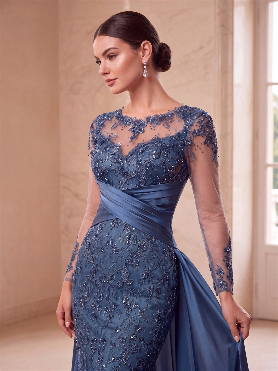 Sheath Scoop Long Sleeves Appliques Lace Sweep Train Satin Chiffon Corset Mother of the Bride Dress
