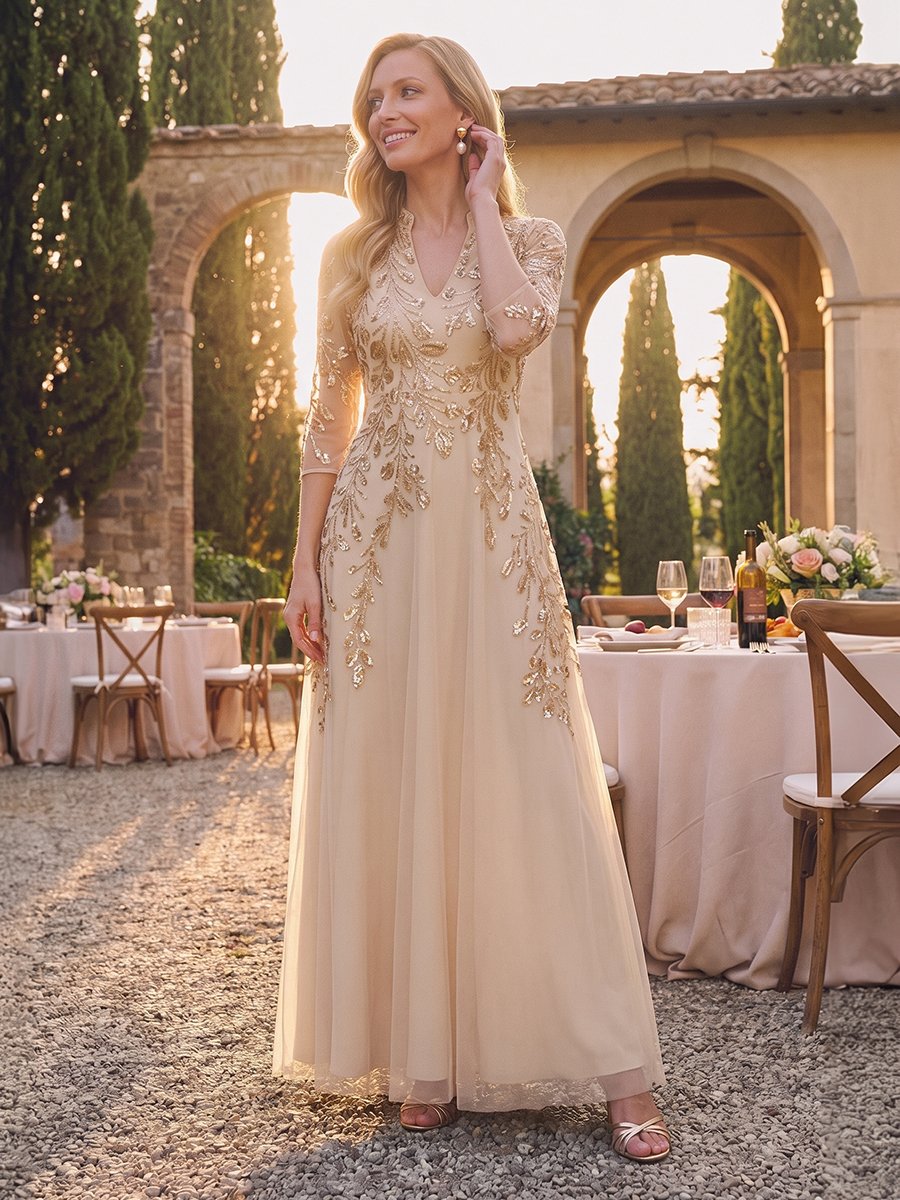 A-line High Neck 3/4 Sleeves Appliques Lace Floor-Length Chiffon Corset Mother of the Bride Dress