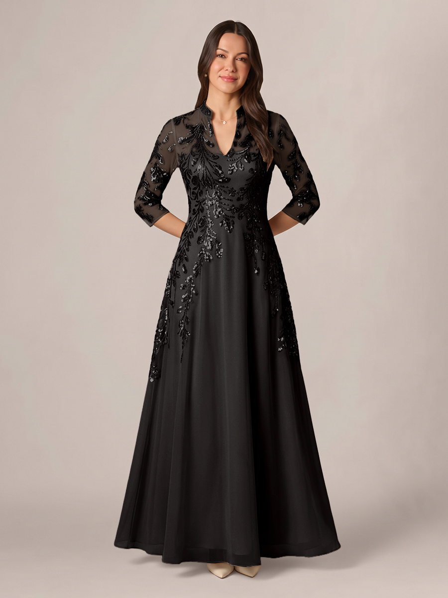 A-line High Neck 3/4 Sleeves Appliques Lace Floor-Length Chiffon Corset Mother of the Bride Dress