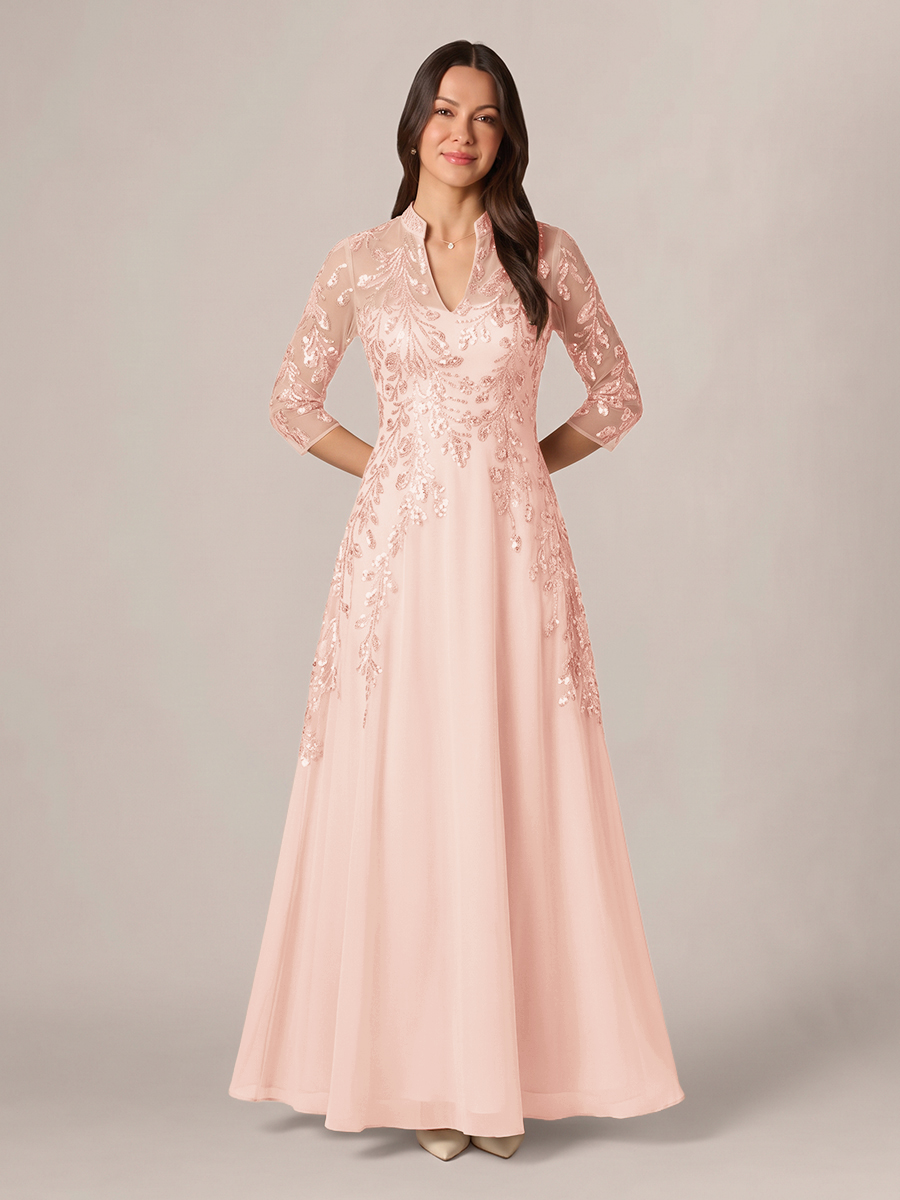A-line High Neck 3/4 Sleeves Appliques Lace Floor-Length Chiffon Corset Mother of the Bride Dress
