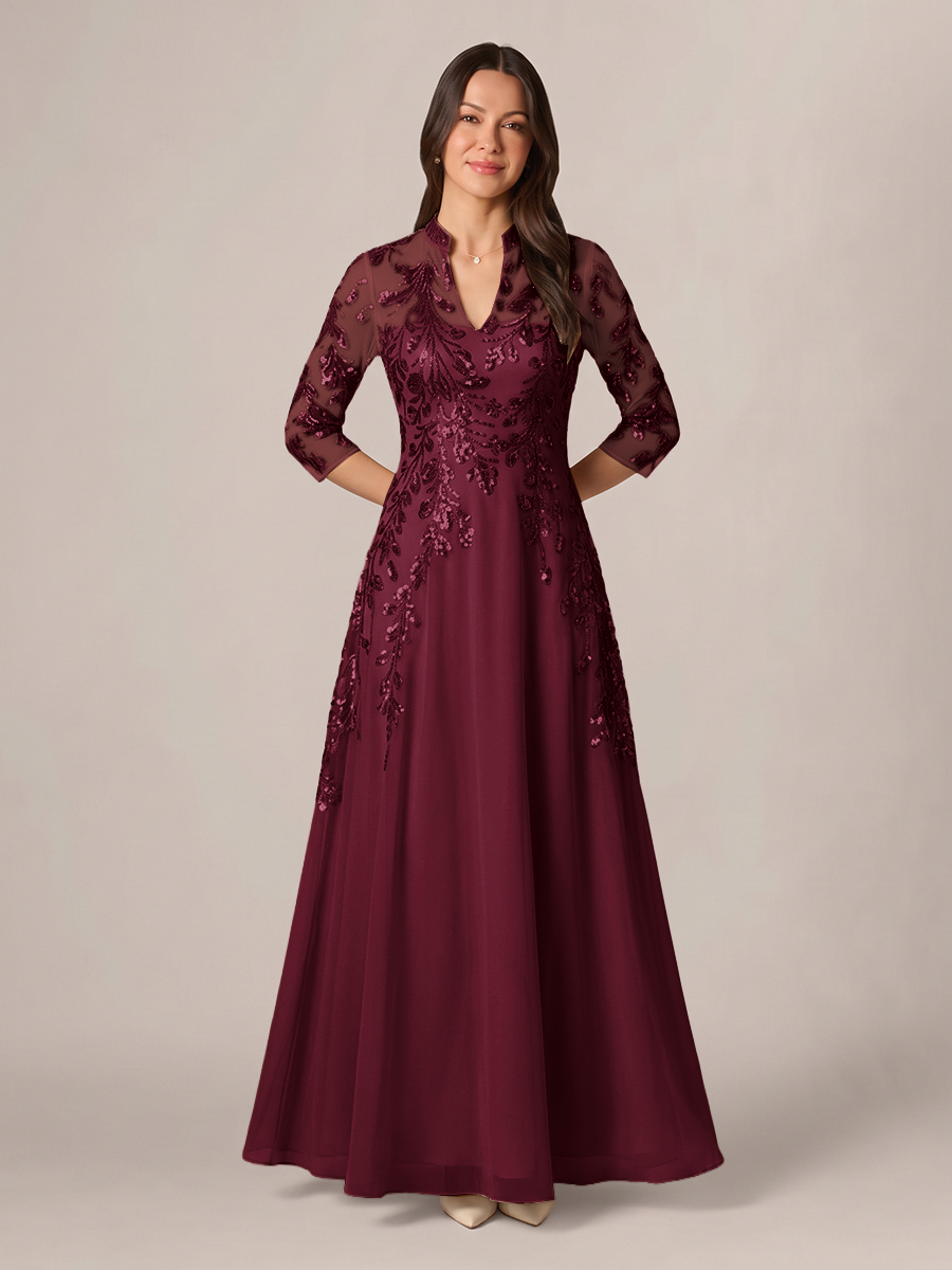 A-line High Neck 3/4 Sleeves Appliques Lace Floor-Length Chiffon Corset Mother of the Bride Dress