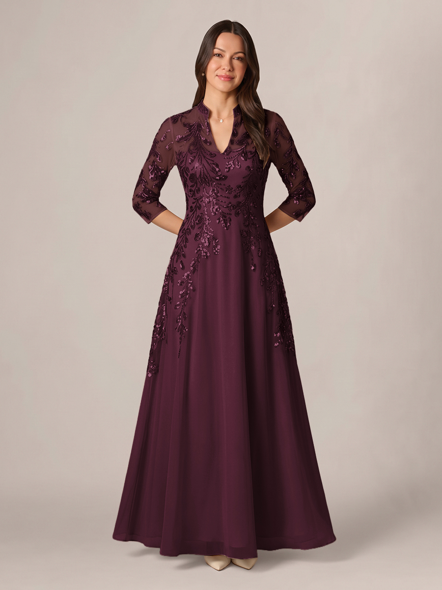 A-line High Neck 3/4 Sleeves Appliques Lace Floor-Length Chiffon Corset Mother of the Bride Dress