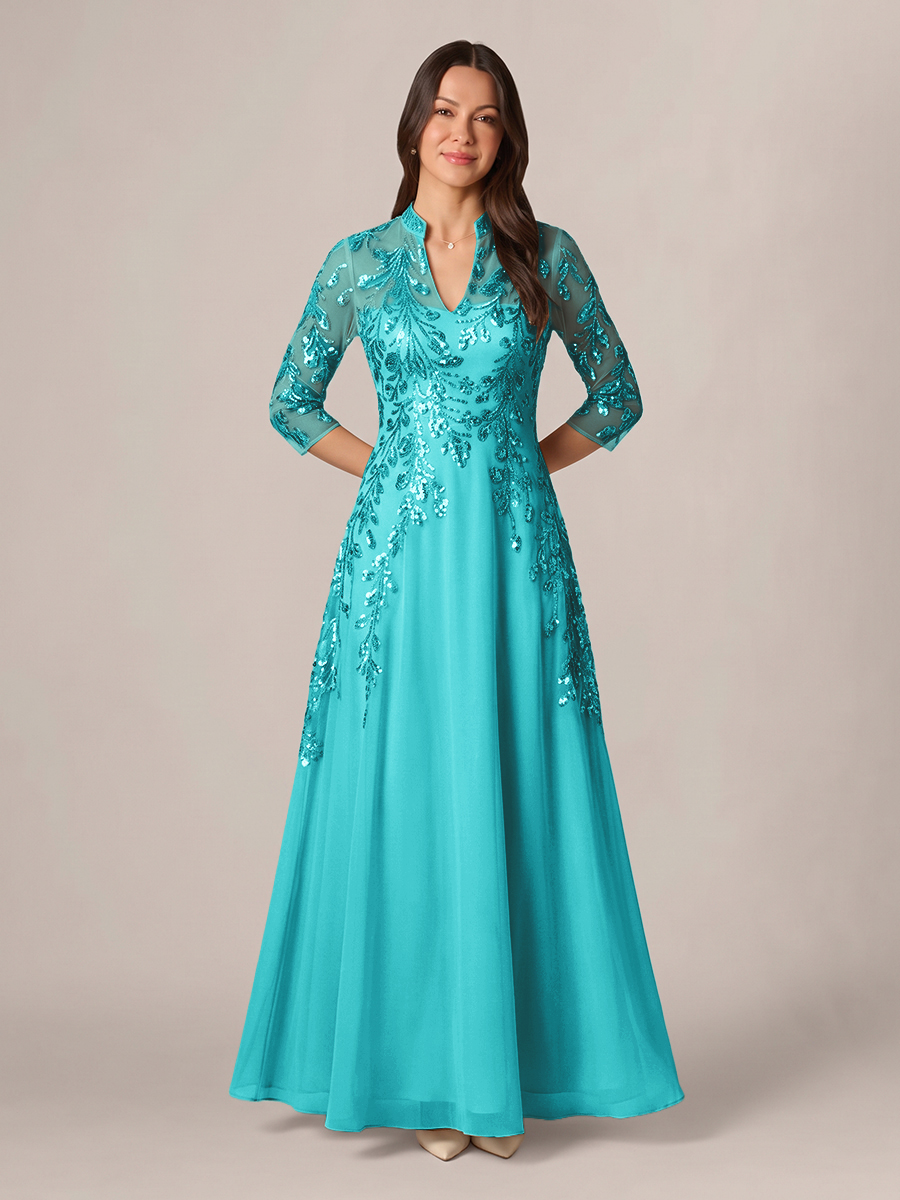 A-line High Neck 3/4 Sleeves Appliques Lace Floor-Length Chiffon Corset Mother of the Bride Dress