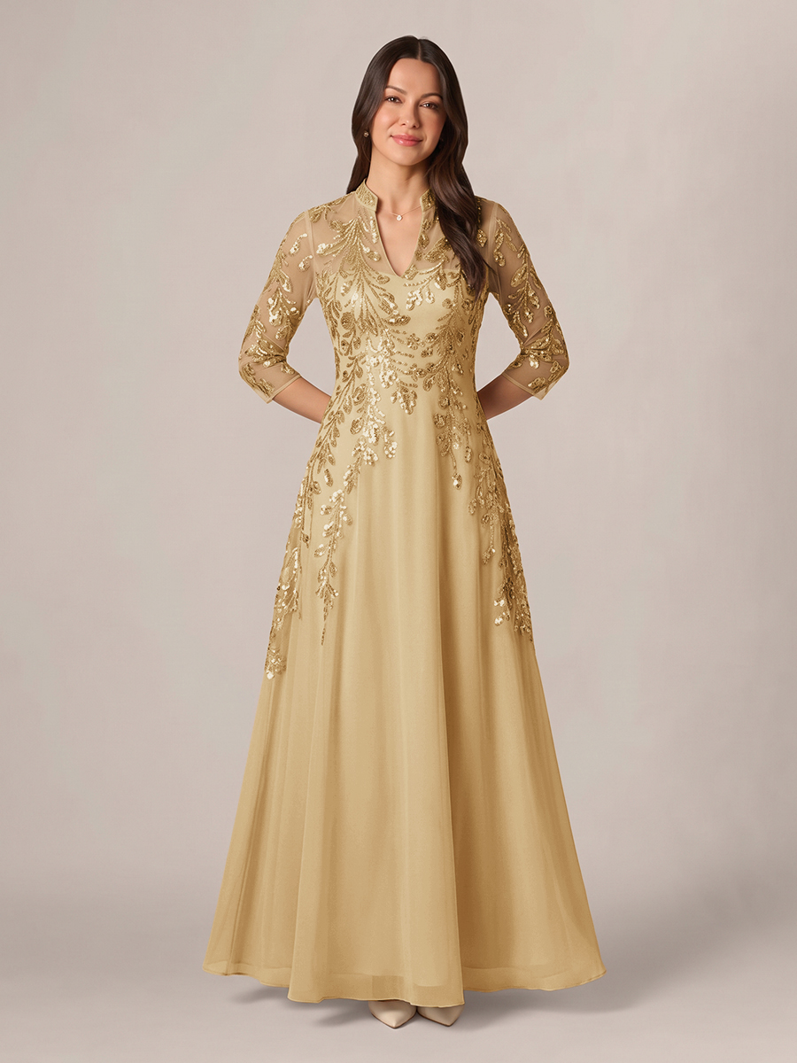 A-line High Neck 3/4 Sleeves Appliques Lace Floor-Length Chiffon Corset Mother of the Bride Dress