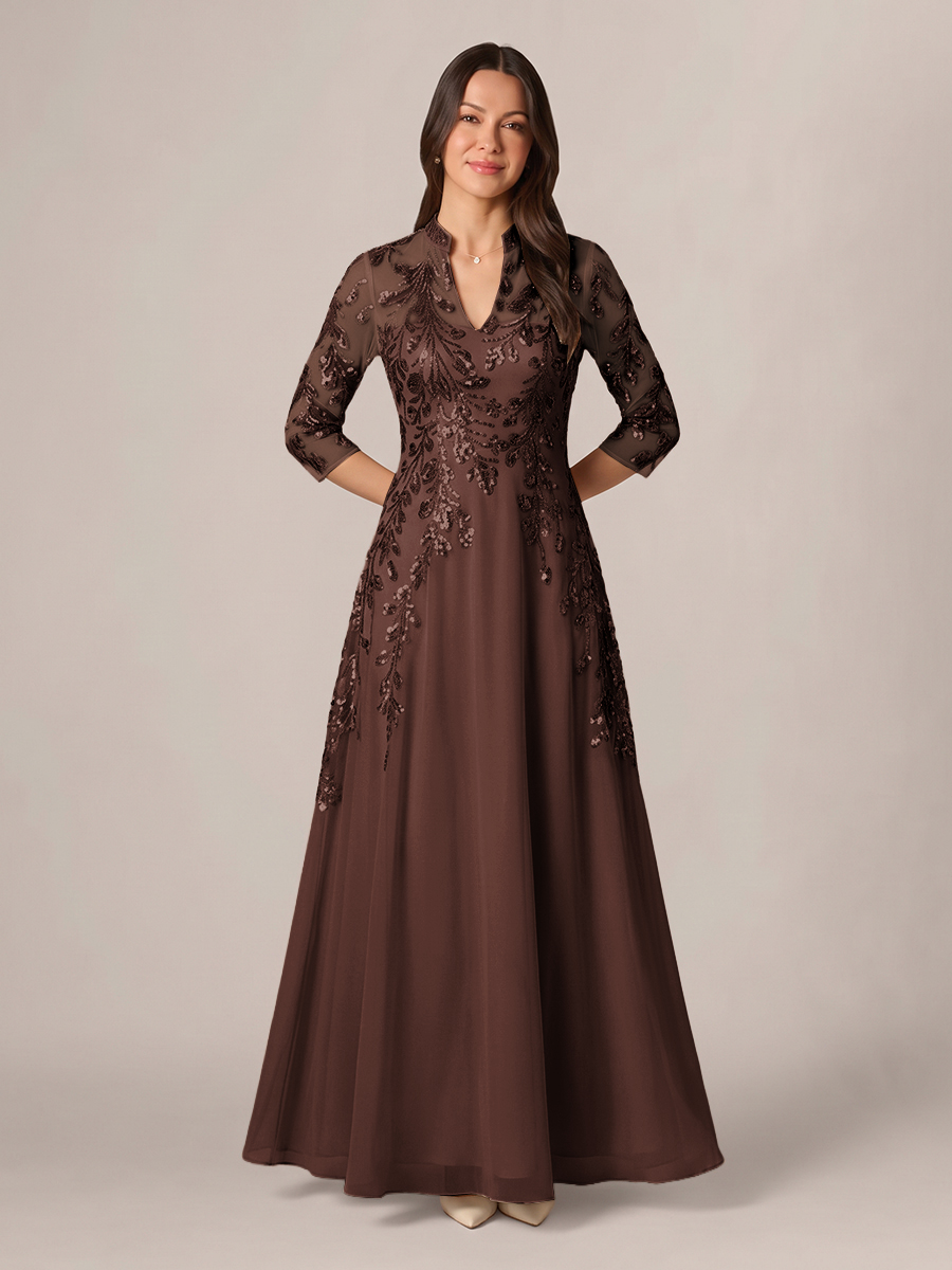 A-line High Neck 3/4 Sleeves Appliques Lace Floor-Length Chiffon Corset Mother of the Bride Dress
