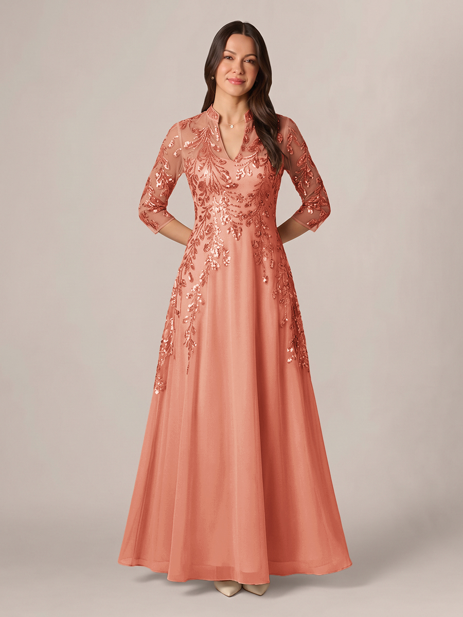 A-line High Neck 3/4 Sleeves Appliques Lace Floor-Length Chiffon Corset Mother of the Bride Dress