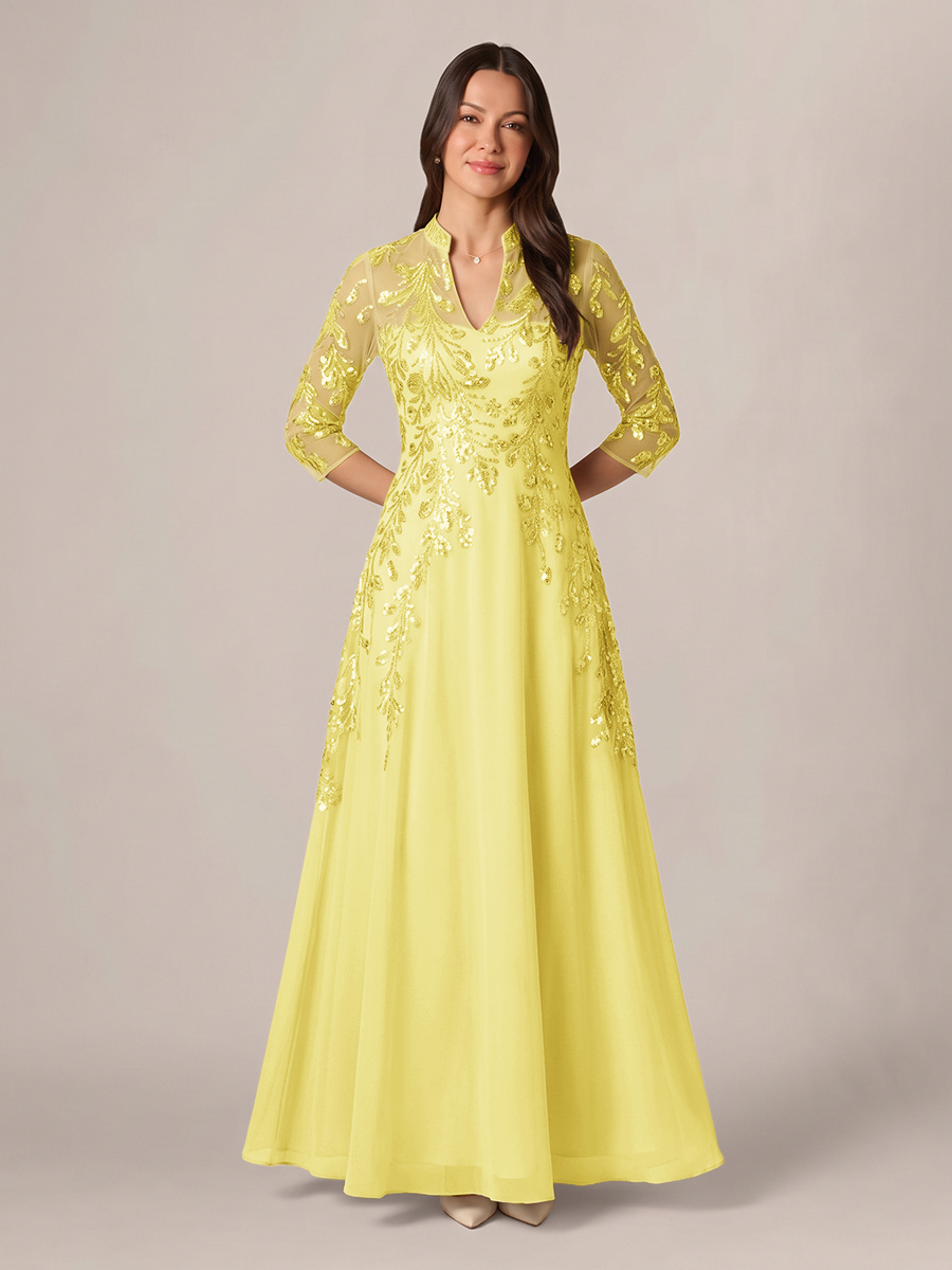 A-line High Neck 3/4 Sleeves Appliques Lace Floor-Length Chiffon Corset Mother of the Bride Dress