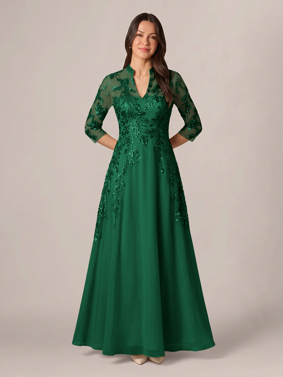 A-line High Neck 3/4 Sleeves Appliques Lace Floor-Length Chiffon Corset Mother of the Bride Dress