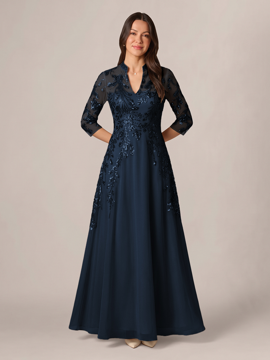 A-line High Neck 3/4 Sleeves Appliques Lace Floor-Length Chiffon Corset Mother of the Bride Dress