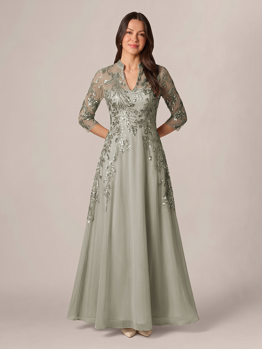 A-line High Neck 3/4 Sleeves Appliques Lace Floor-Length Chiffon Corset Mother of the Bride Dress