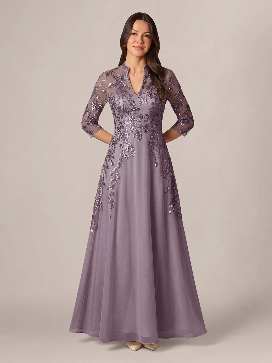 A-line High Neck 3/4 Sleeves Appliques Lace Floor-Length Chiffon Corset Mother of the Bride Dress