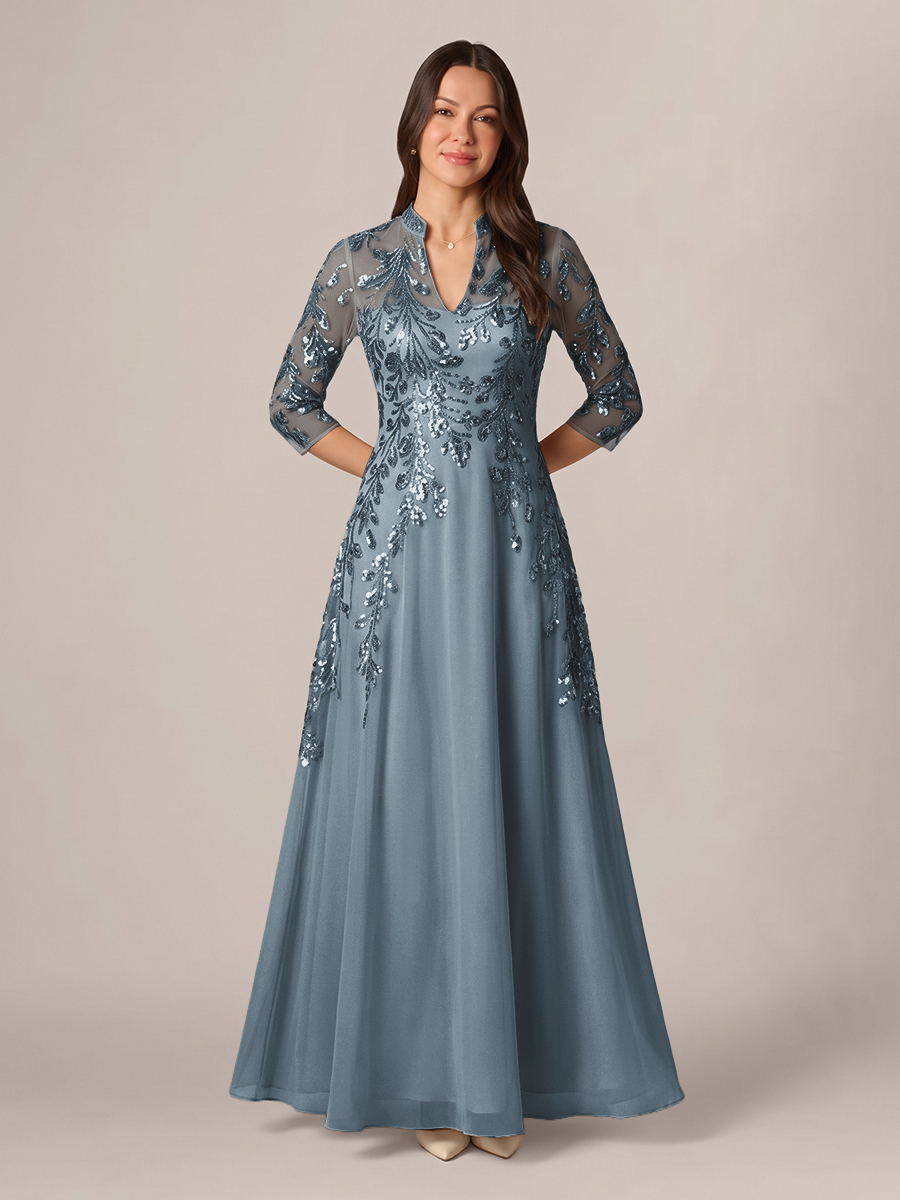 A-line High Neck 3/4 Sleeves Appliques Lace Floor-Length Chiffon Corset Mother of the Bride Dress