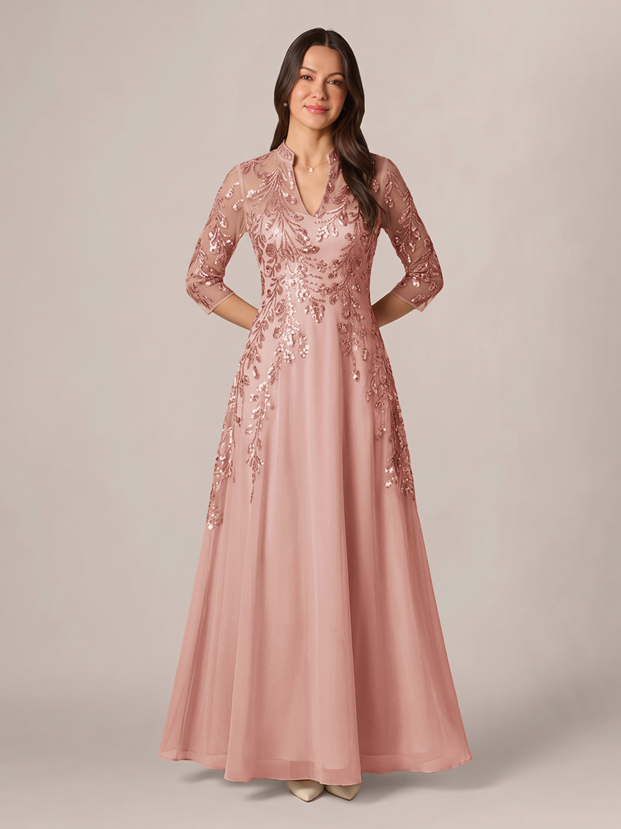 A-line High Neck 3/4 Sleeves Appliques Lace Floor-Length Chiffon Corset Mother of the Bride Dress