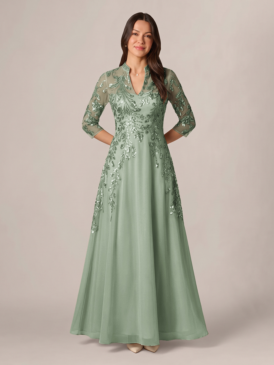 A-line High Neck 3/4 Sleeves Appliques Lace Floor-Length Chiffon Corset Mother of the Bride Dress