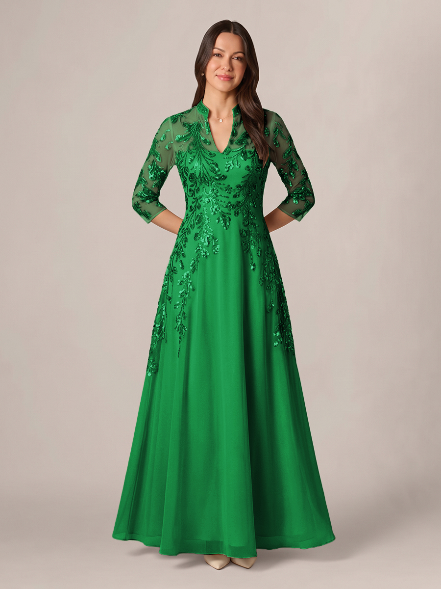 A-line High Neck 3/4 Sleeves Appliques Lace Floor-Length Chiffon Corset Mother of the Bride Dress