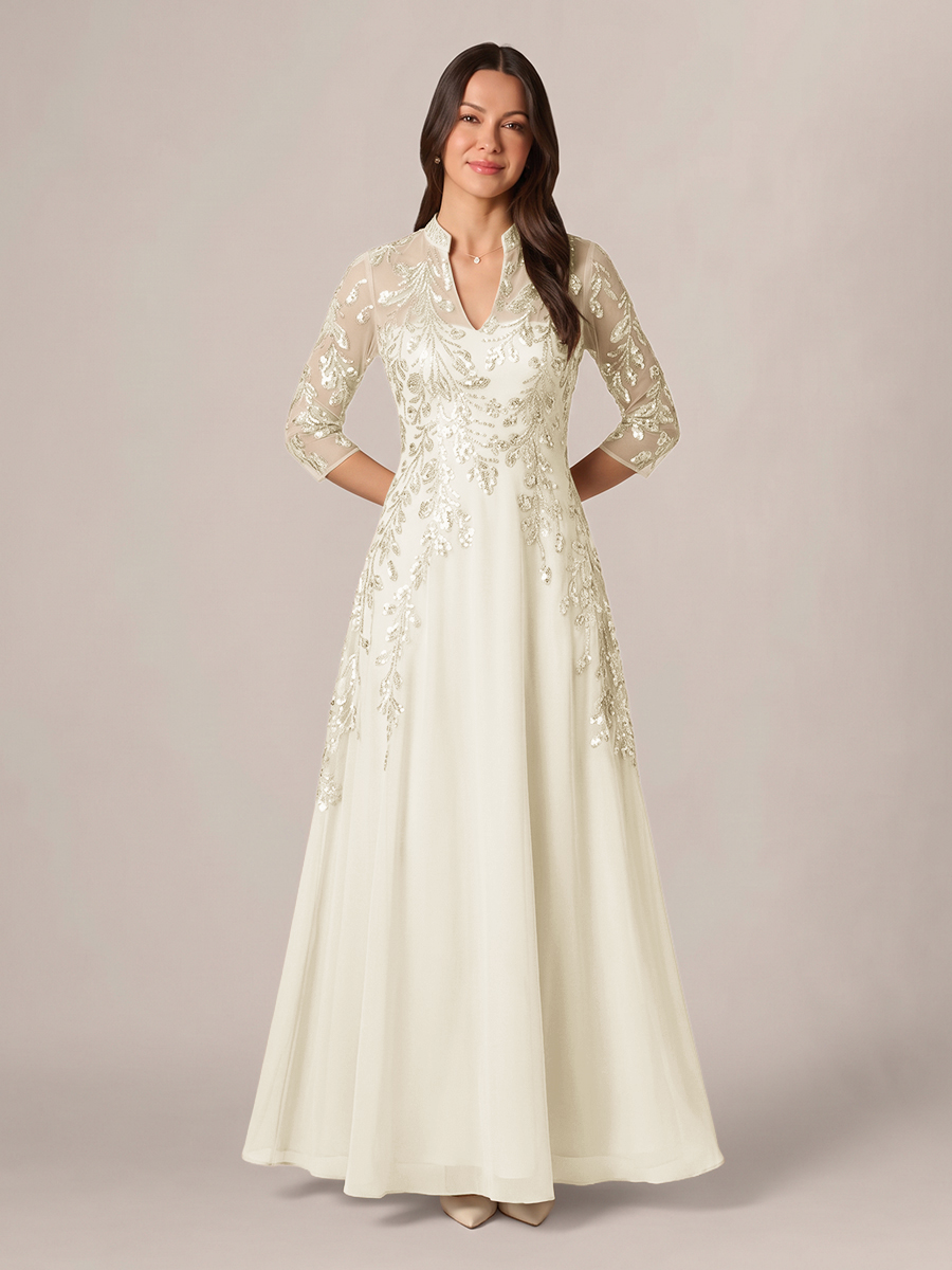 A-line High Neck 3/4 Sleeves Appliques Lace Floor-Length Chiffon Corset Mother of the Bride Dress