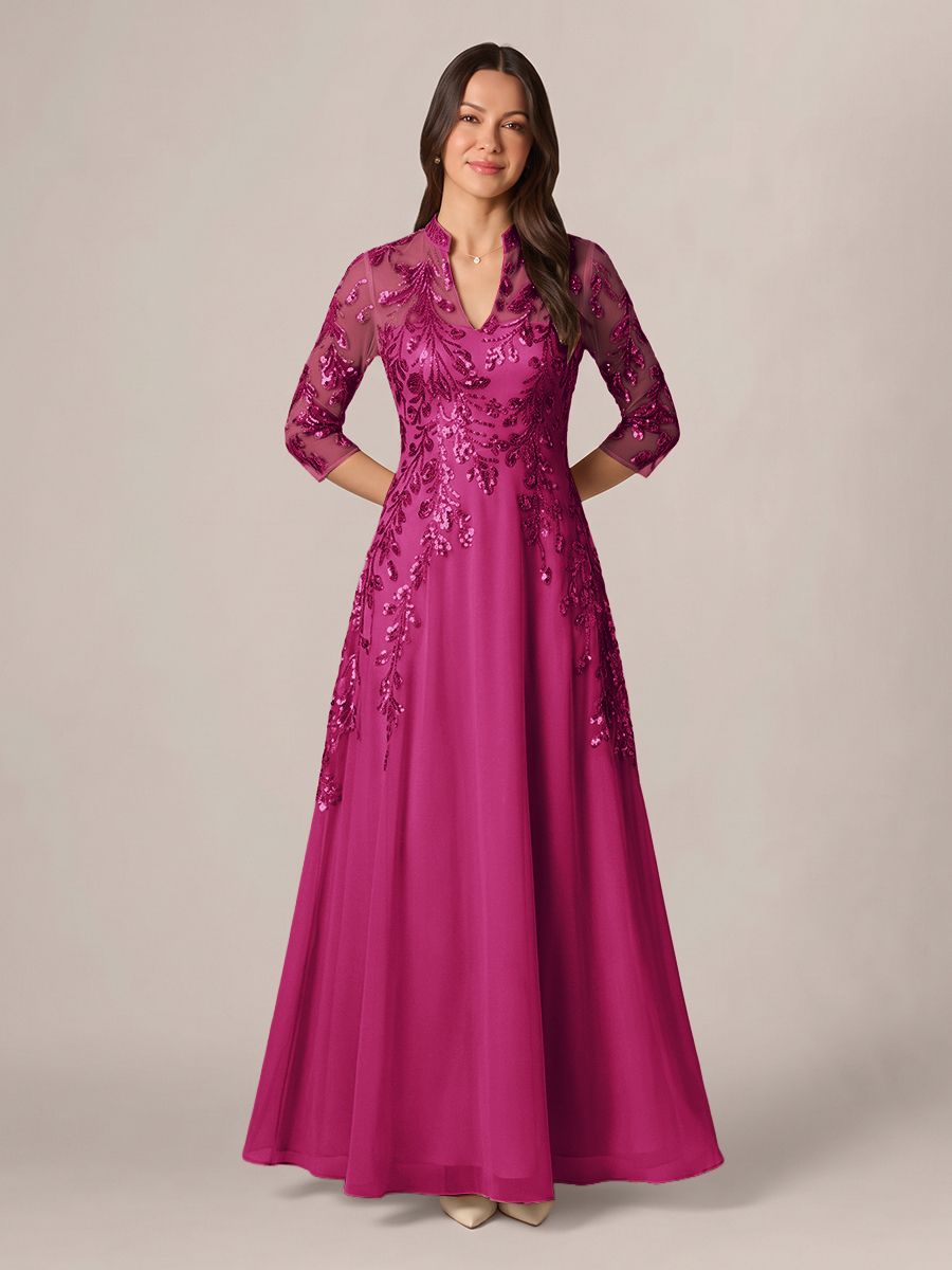 A-line High Neck 3/4 Sleeves Appliques Lace Floor-Length Chiffon Corset Mother of the Bride Dress