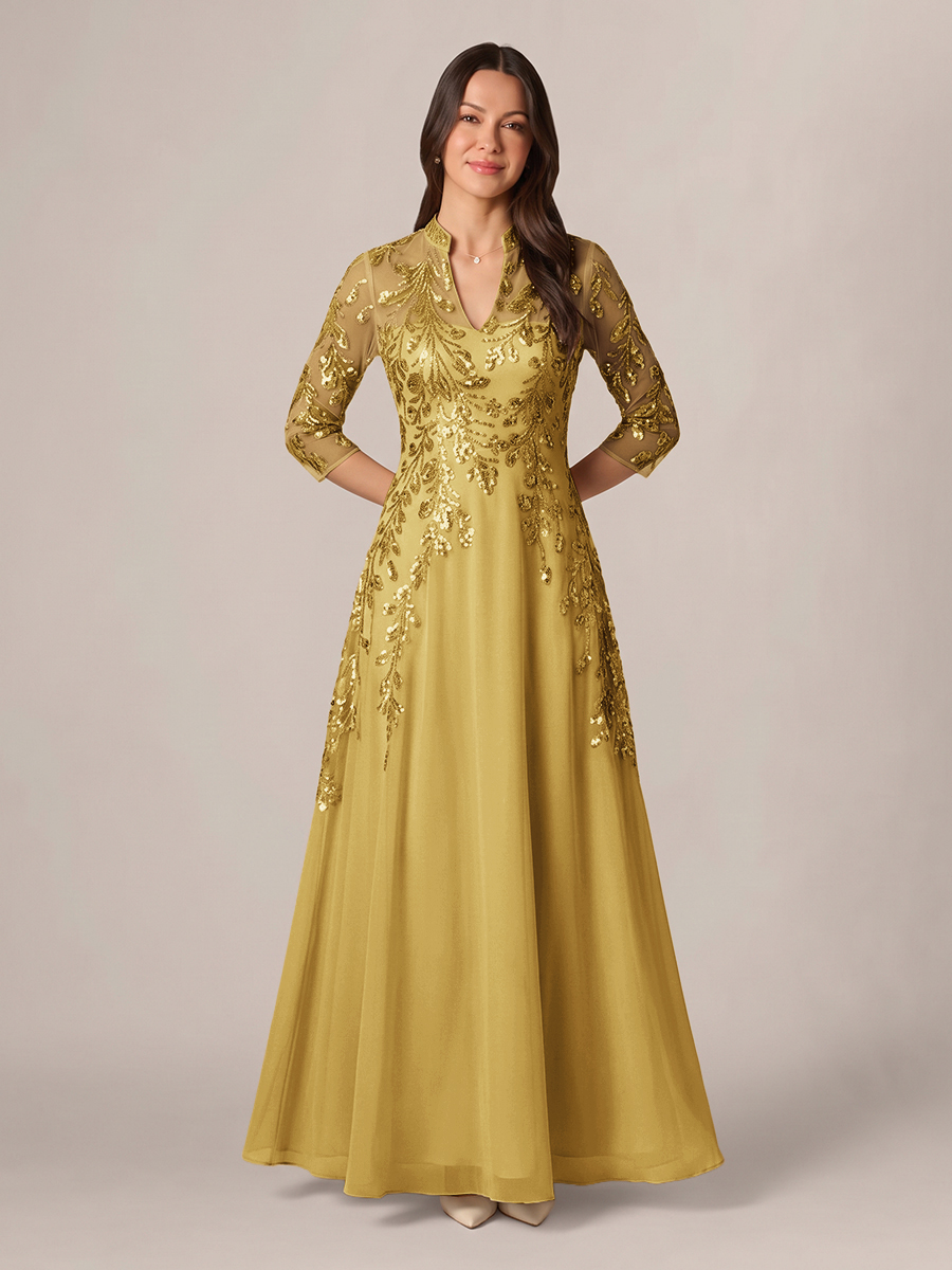 A-line High Neck 3/4 Sleeves Appliques Lace Floor-Length Chiffon Corset Mother of the Bride Dress