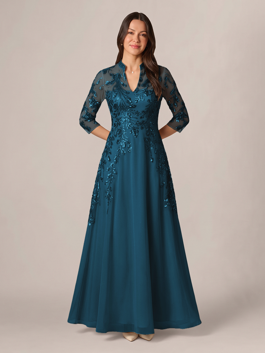 A-line High Neck 3/4 Sleeves Appliques Lace Floor-Length Chiffon Corset Mother of the Bride Dress