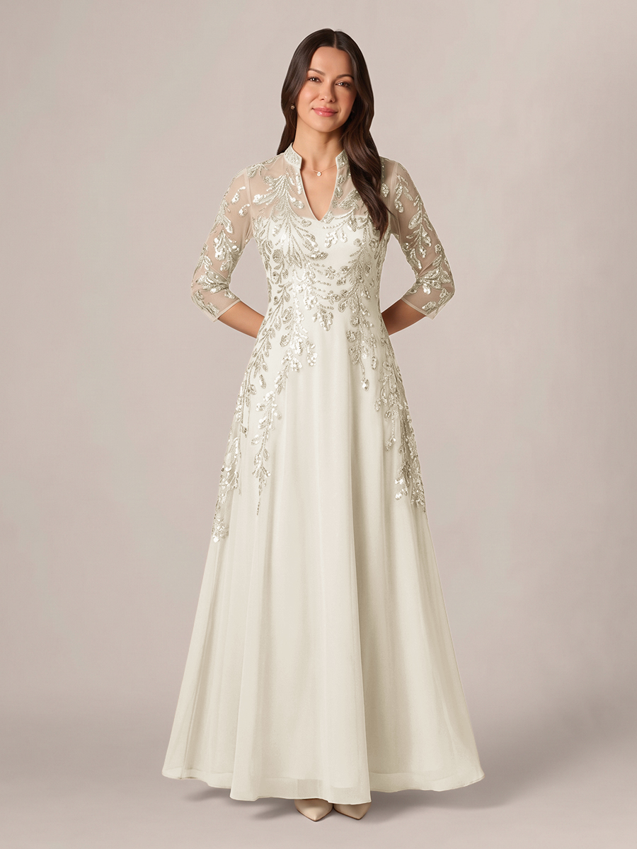 A-line High Neck 3/4 Sleeves Appliques Lace Floor-Length Chiffon Corset Mother of the Bride Dress