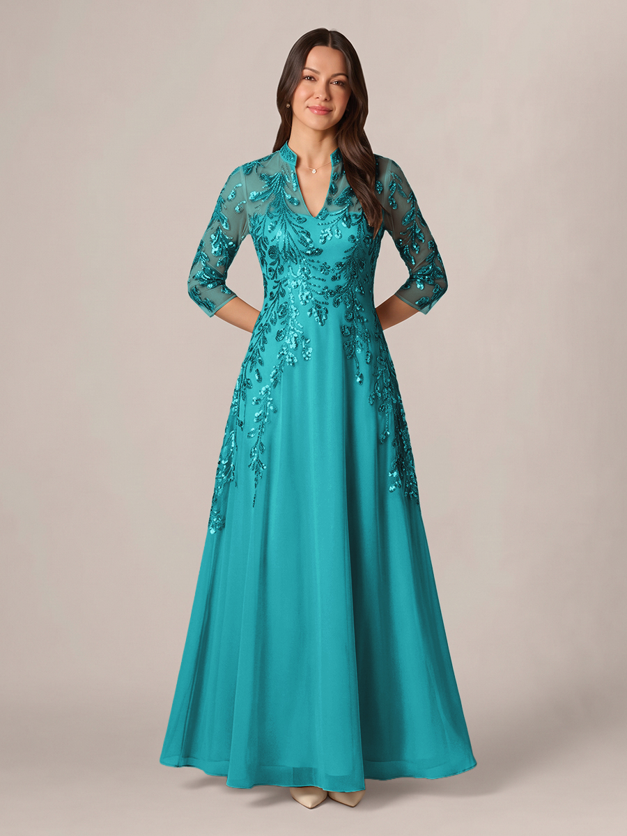 A-line High Neck 3/4 Sleeves Appliques Lace Floor-Length Chiffon Corset Mother of the Bride Dress