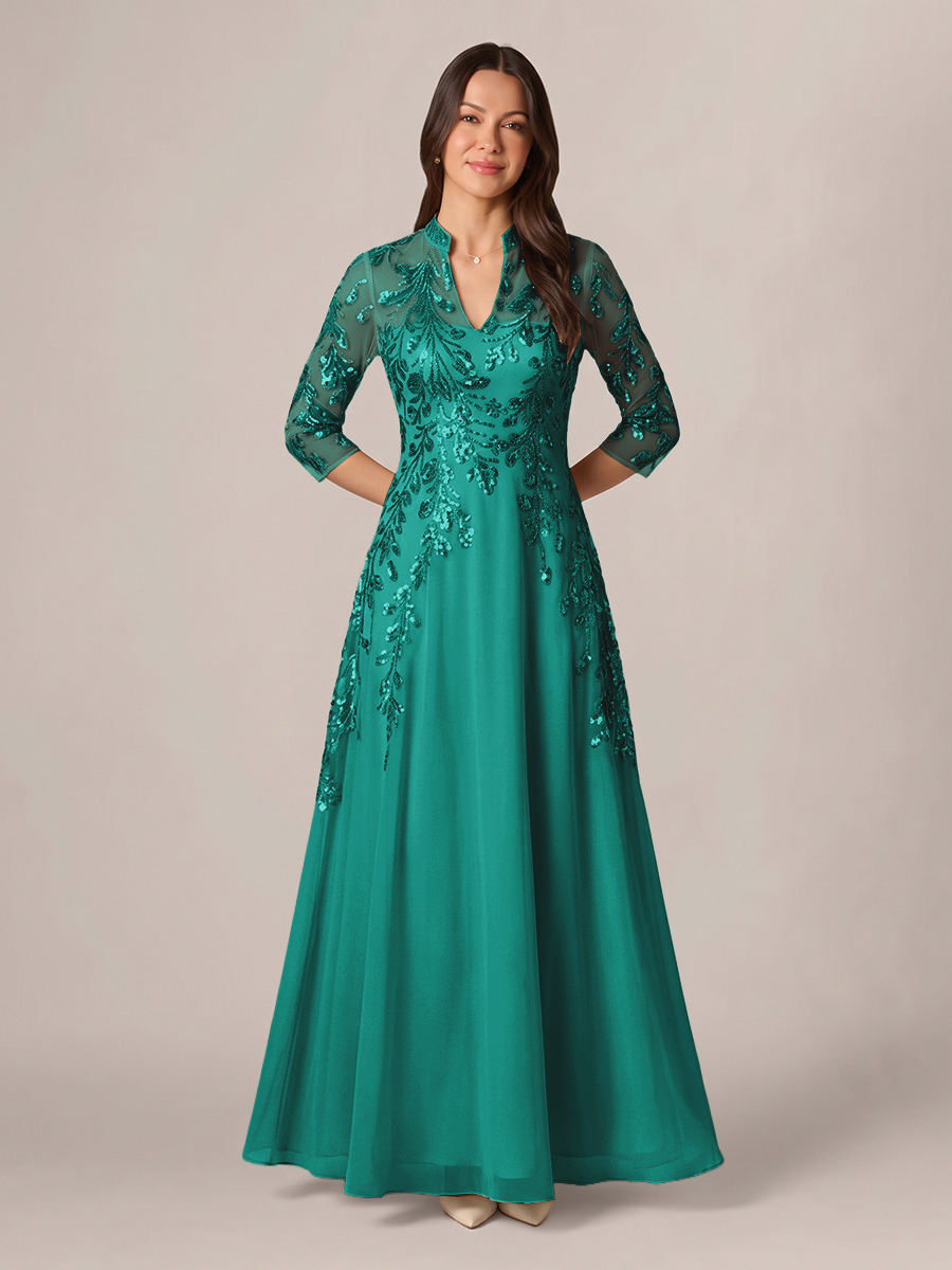 A-line High Neck 3/4 Sleeves Appliques Lace Floor-Length Chiffon Corset Mother of the Bride Dress