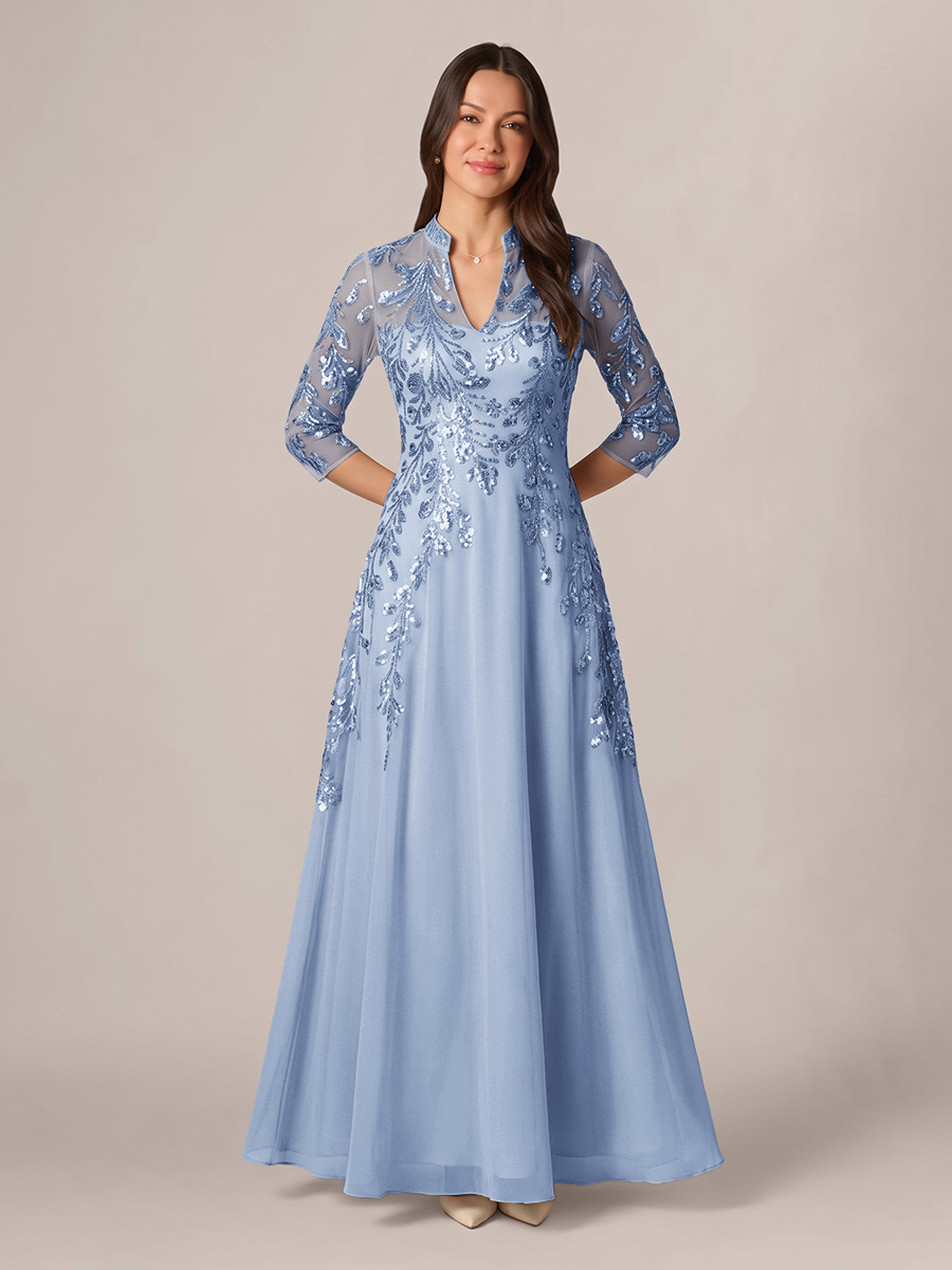 A-line High Neck 3/4 Sleeves Appliques Lace Floor-Length Chiffon Corset Mother of the Bride Dress