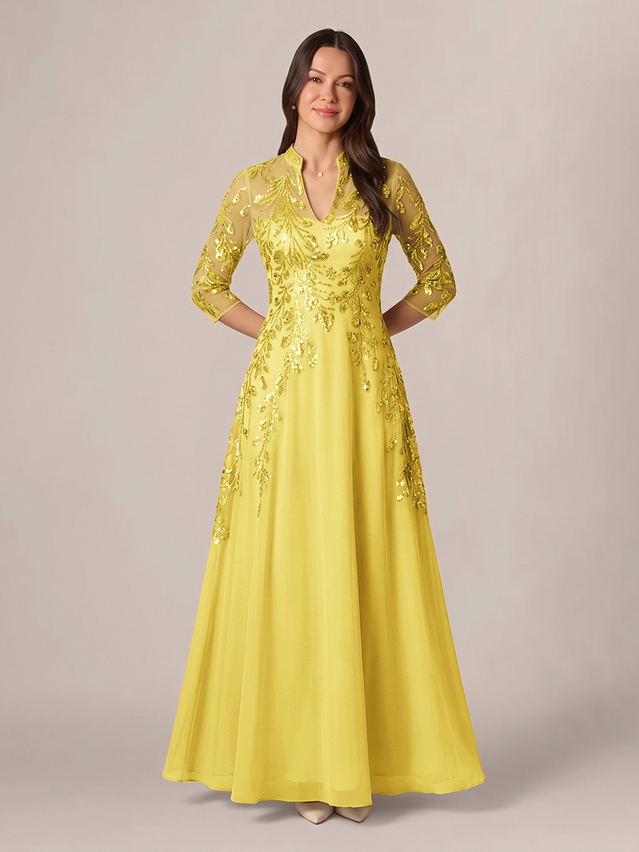 A-line High Neck 3/4 Sleeves Appliques Lace Floor-Length Chiffon Corset Mother of the Bride Dress