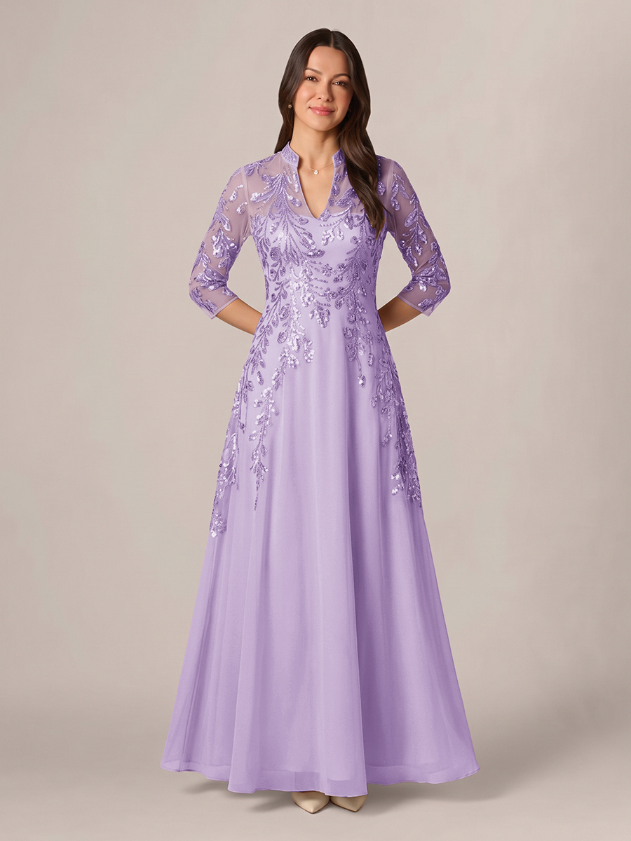 A-line High Neck 3/4 Sleeves Appliques Lace Floor-Length Chiffon Corset Mother of the Bride Dress