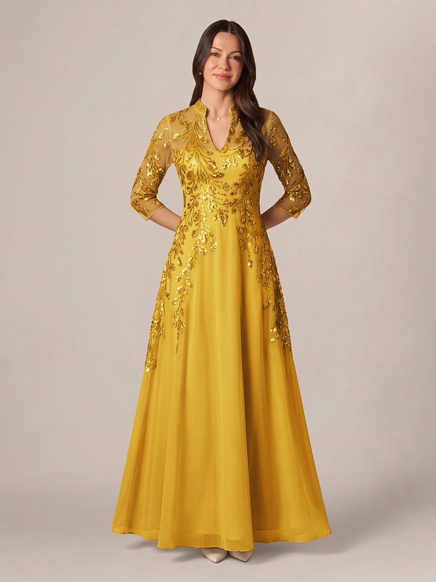 A-line High Neck 3/4 Sleeves Appliques Lace Floor-Length Chiffon Corset Mother of the Bride Dress