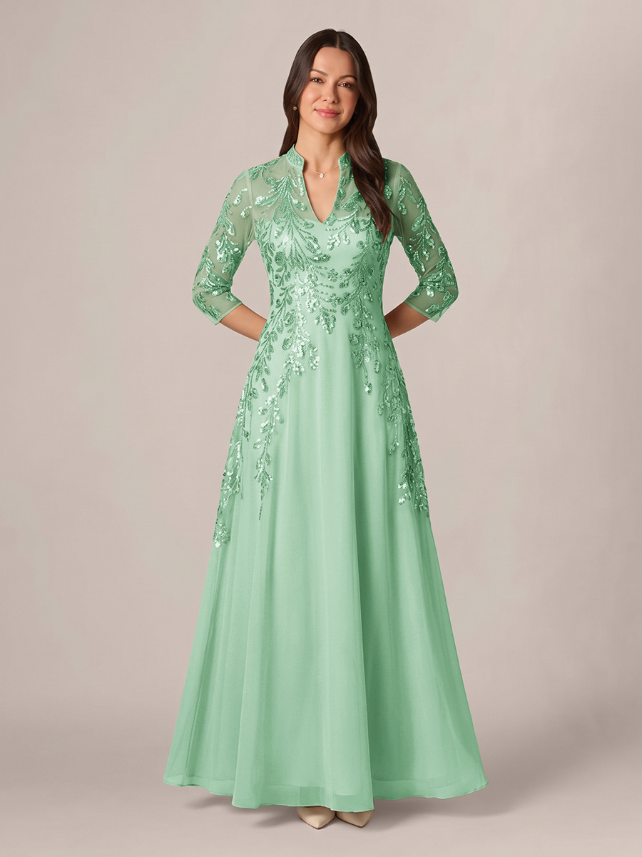 A-line High Neck 3/4 Sleeves Appliques Lace Floor-Length Chiffon Corset Mother of the Bride Dress