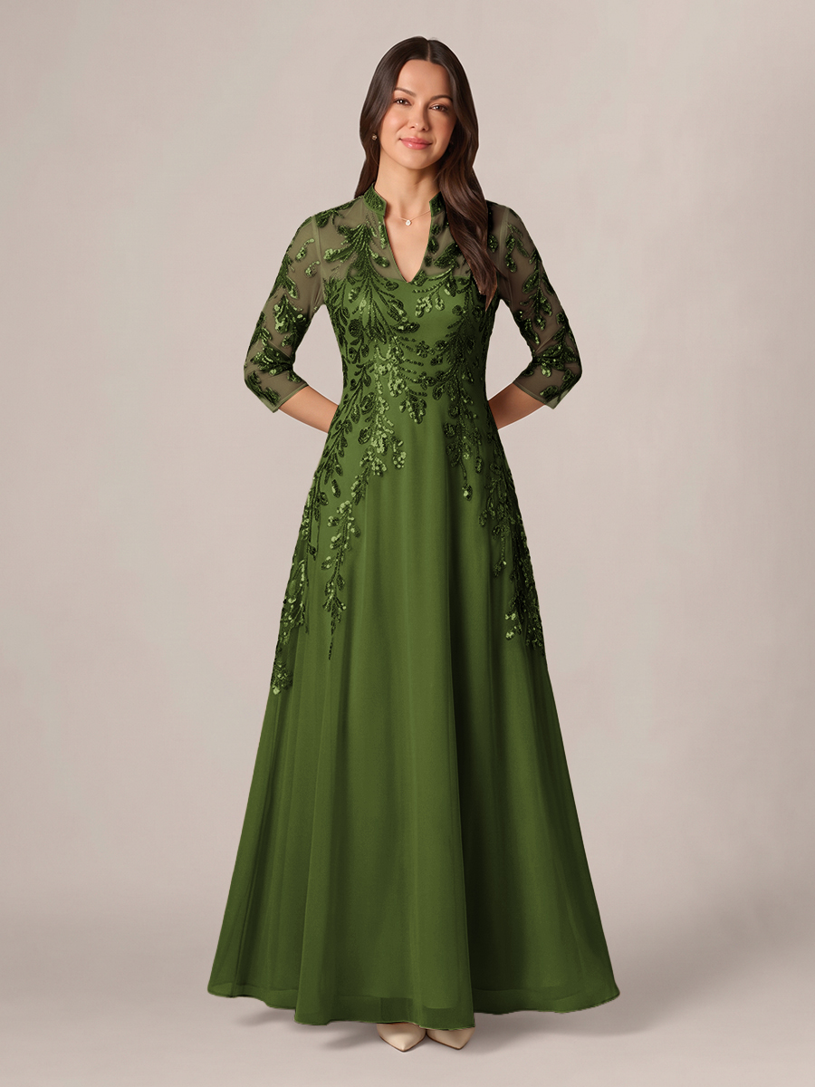 A-line High Neck 3/4 Sleeves Appliques Lace Floor-Length Chiffon Corset Mother of the Bride Dress