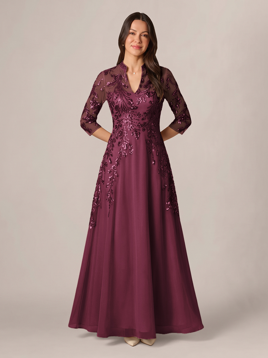A-line High Neck 3/4 Sleeves Appliques Lace Floor-Length Chiffon Corset Mother of the Bride Dress