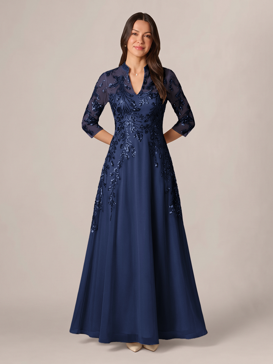 A-line High Neck 3/4 Sleeves Appliques Lace Floor-Length Chiffon Corset Mother of the Bride Dress