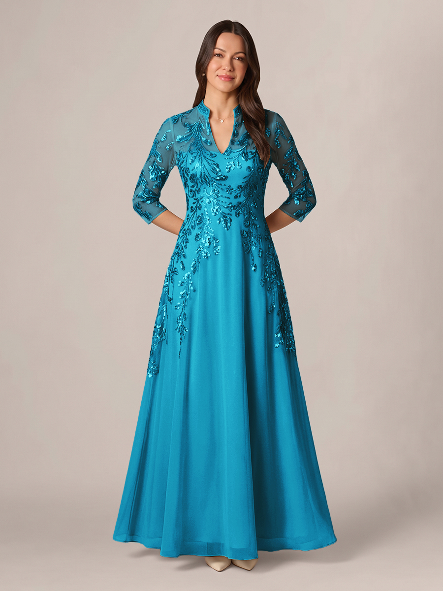 A-line High Neck 3/4 Sleeves Appliques Lace Floor-Length Chiffon Corset Mother of the Bride Dress
