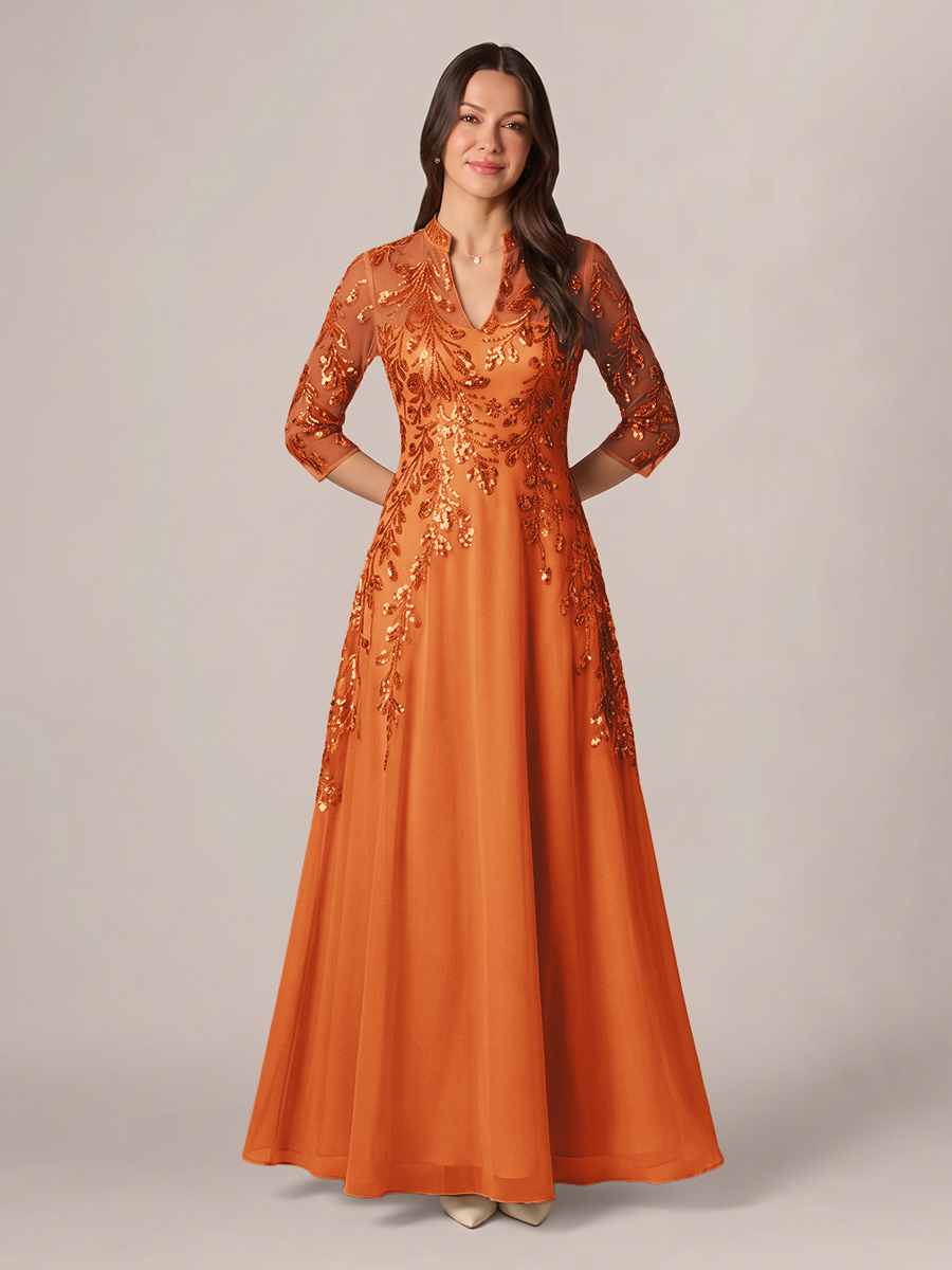A-line High Neck 3/4 Sleeves Appliques Lace Floor-Length Chiffon Corset Mother of the Bride Dress