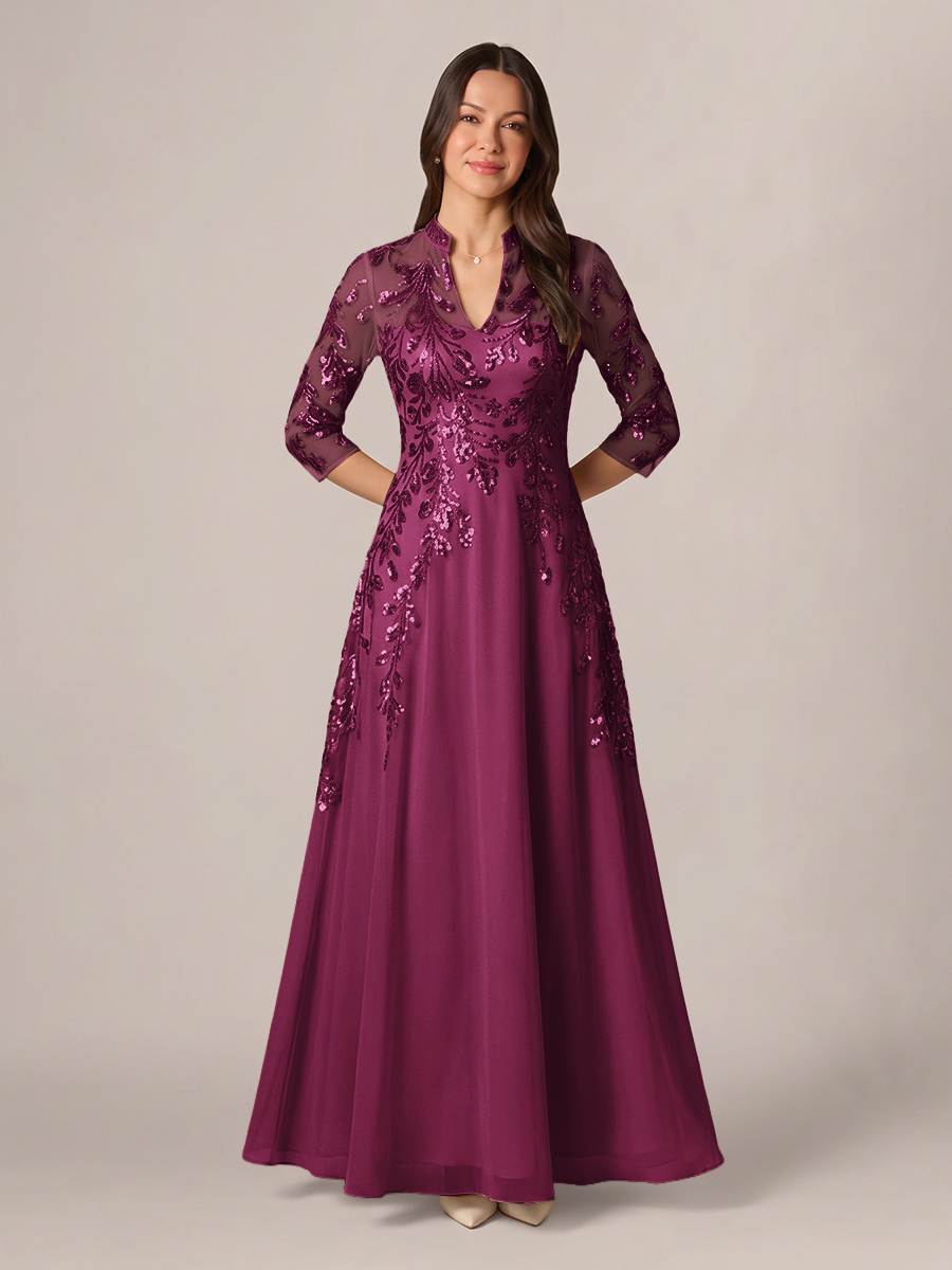 A-line High Neck 3/4 Sleeves Appliques Lace Floor-Length Chiffon Corset Mother of the Bride Dress