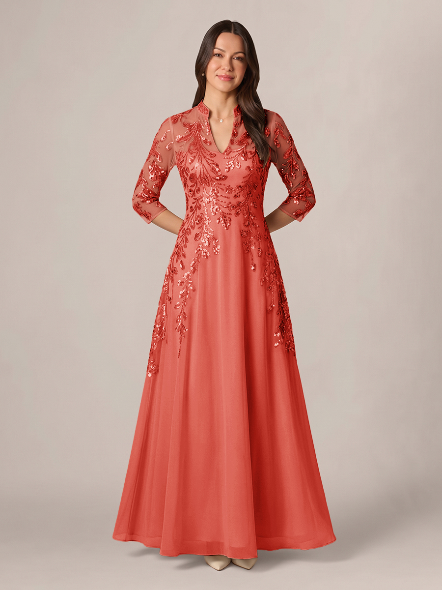 A-line High Neck 3/4 Sleeves Appliques Lace Floor-Length Chiffon Corset Mother of the Bride Dress