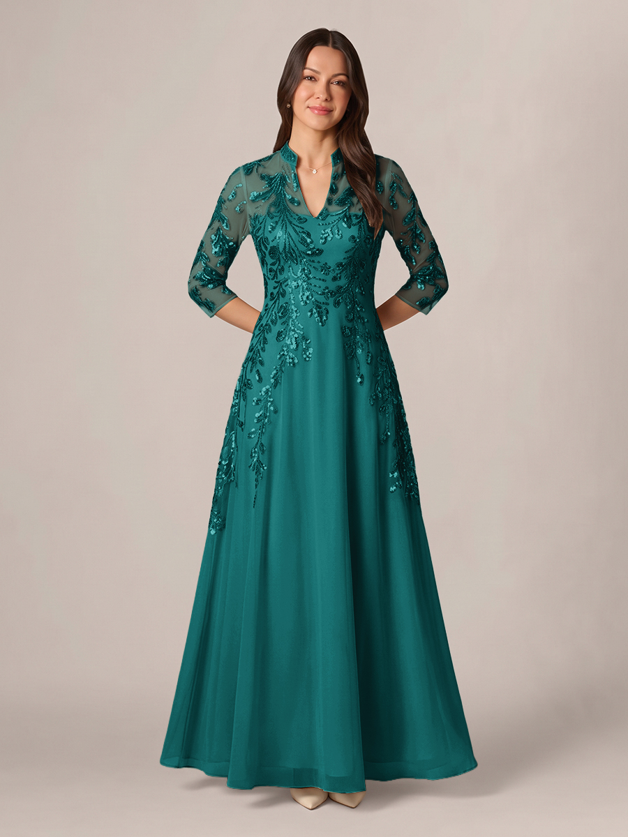 A-line High Neck 3/4 Sleeves Appliques Lace Floor-Length Chiffon Corset Mother of the Bride Dress