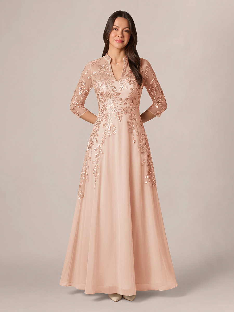 A-line High Neck 3/4 Sleeves Appliques Lace Floor-Length Chiffon Corset Mother of the Bride Dress