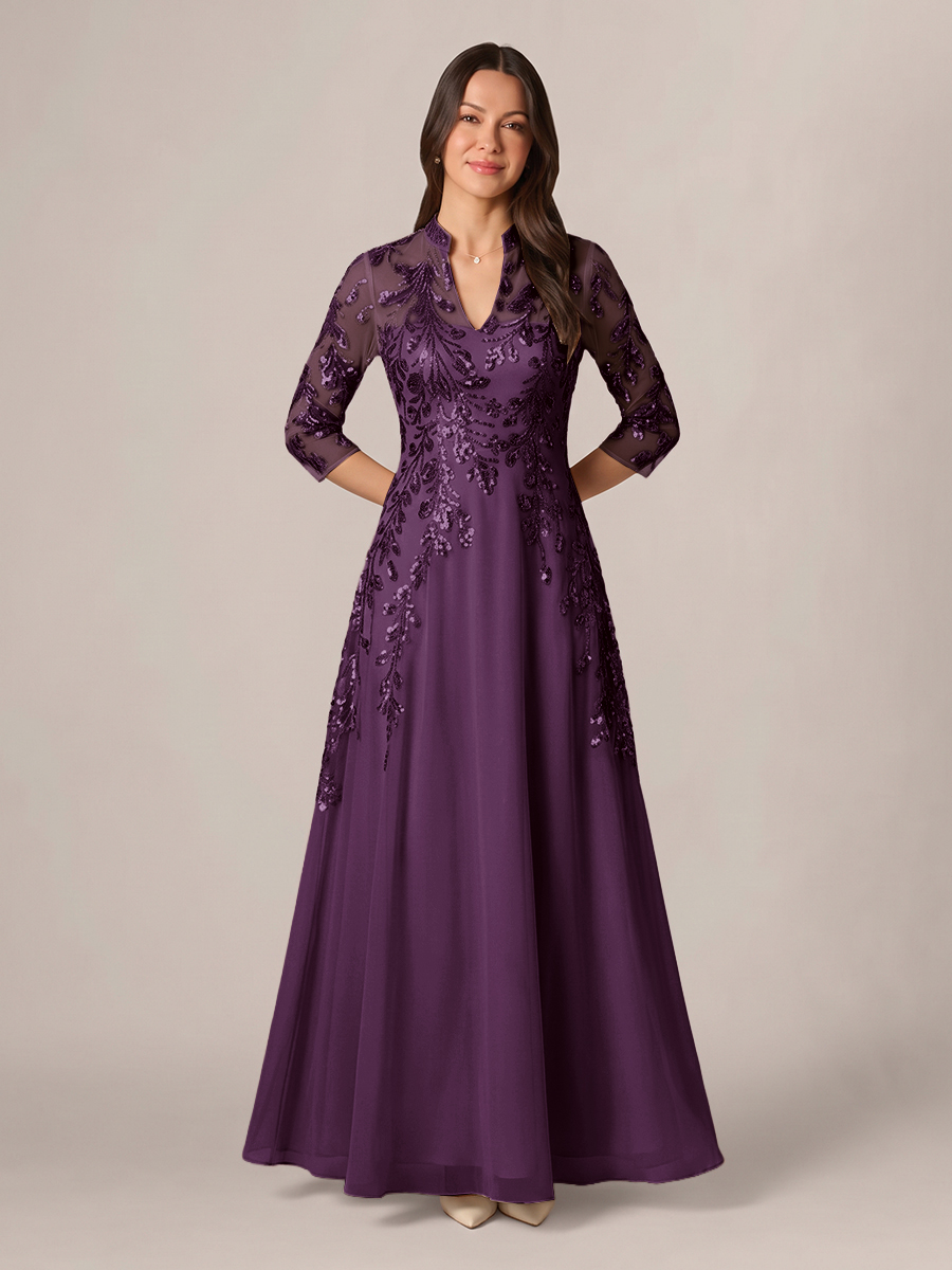 A-line High Neck 3/4 Sleeves Appliques Lace Floor-Length Chiffon Corset Mother of the Bride Dress