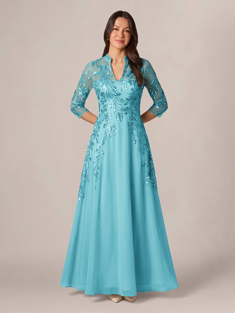 A-line High Neck 3/4 Sleeves Appliques Lace Floor-Length Chiffon Corset Mother of the Bride Dress