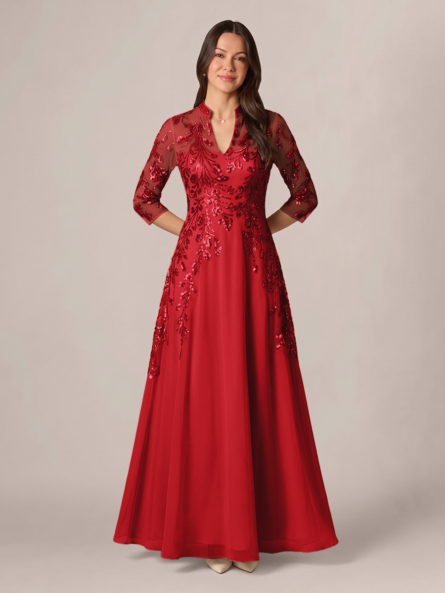 A-line High Neck 3/4 Sleeves Appliques Lace Floor-Length Chiffon Corset Mother of the Bride Dress