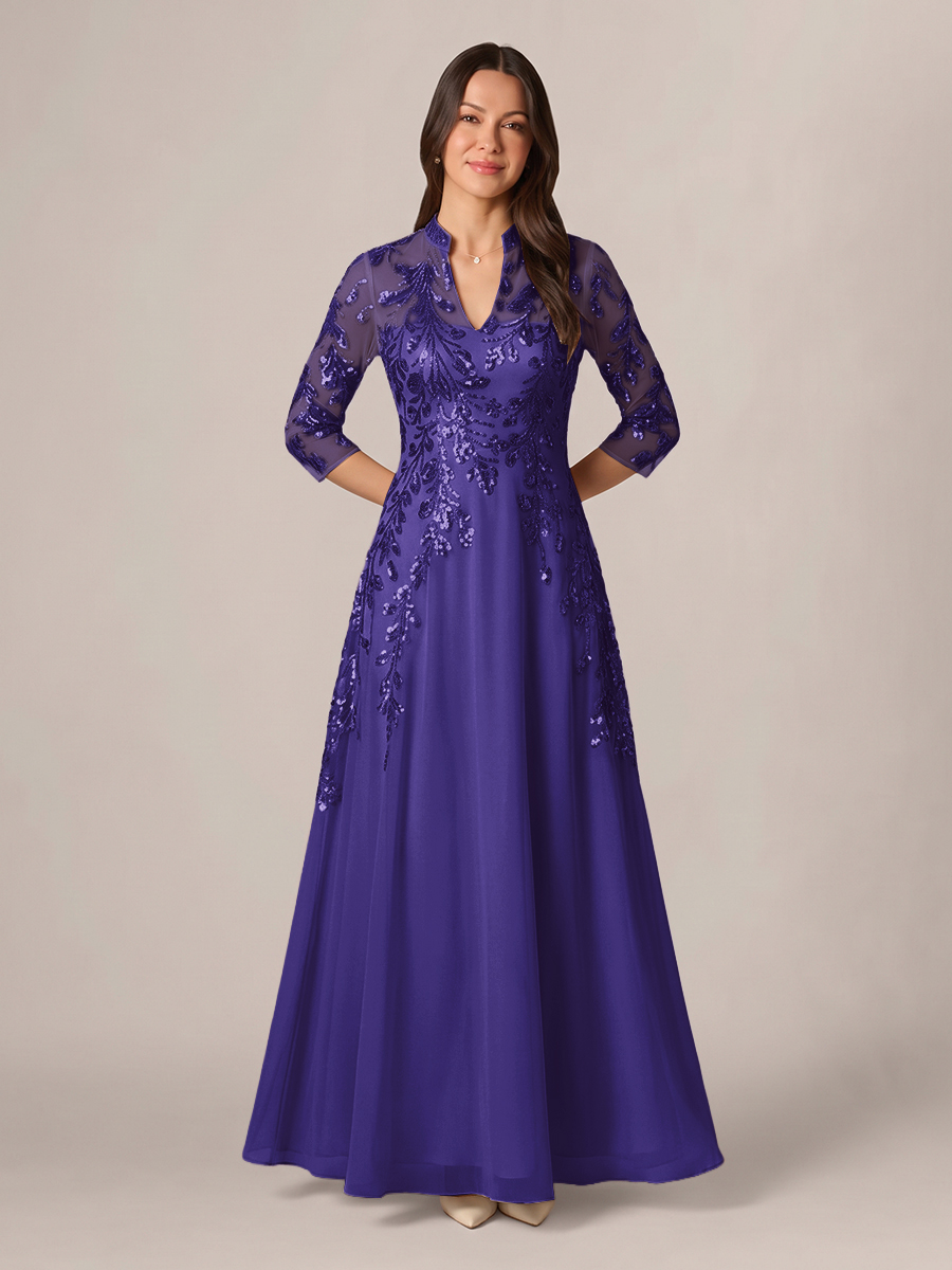 A-line High Neck 3/4 Sleeves Appliques Lace Floor-Length Chiffon Corset Mother of the Bride Dress