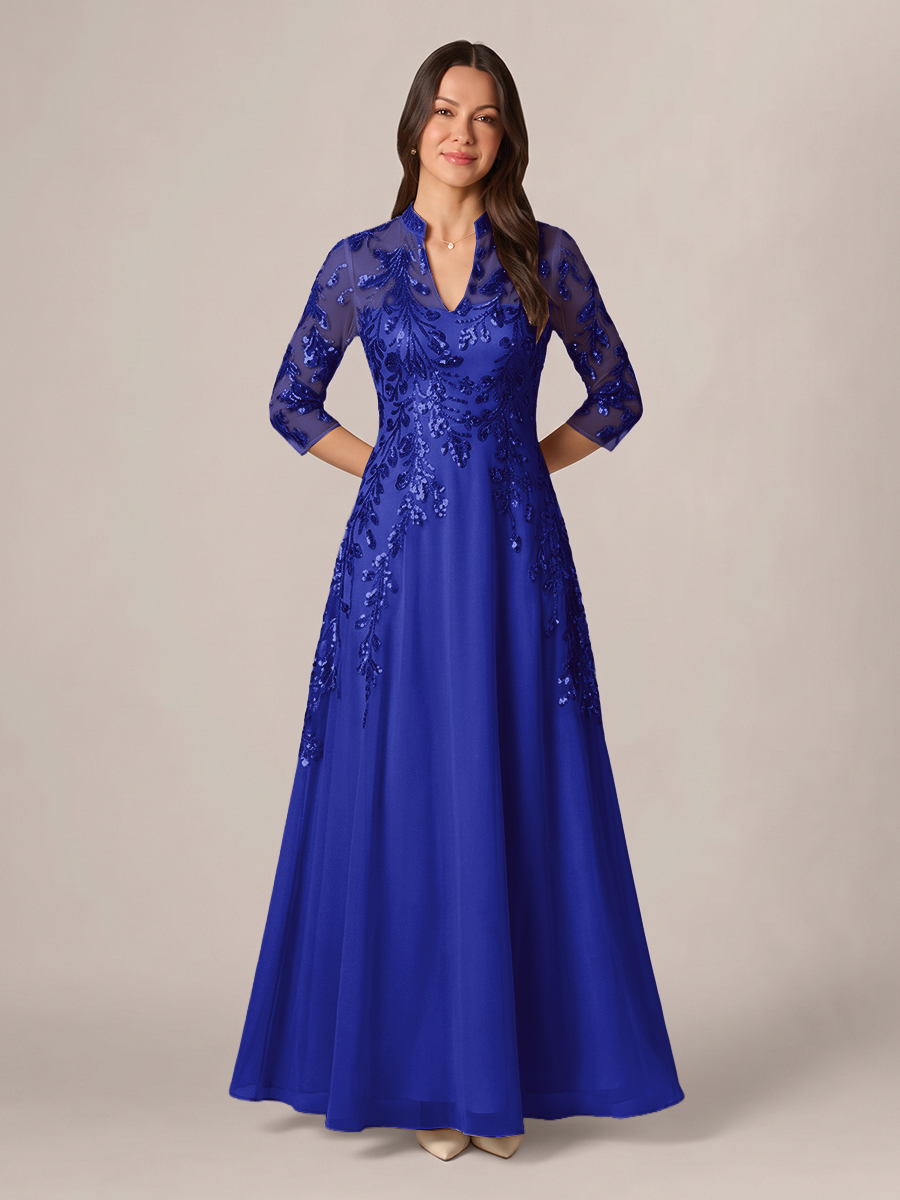 A-line High Neck 3/4 Sleeves Appliques Lace Floor-Length Chiffon Corset Mother of the Bride Dress
