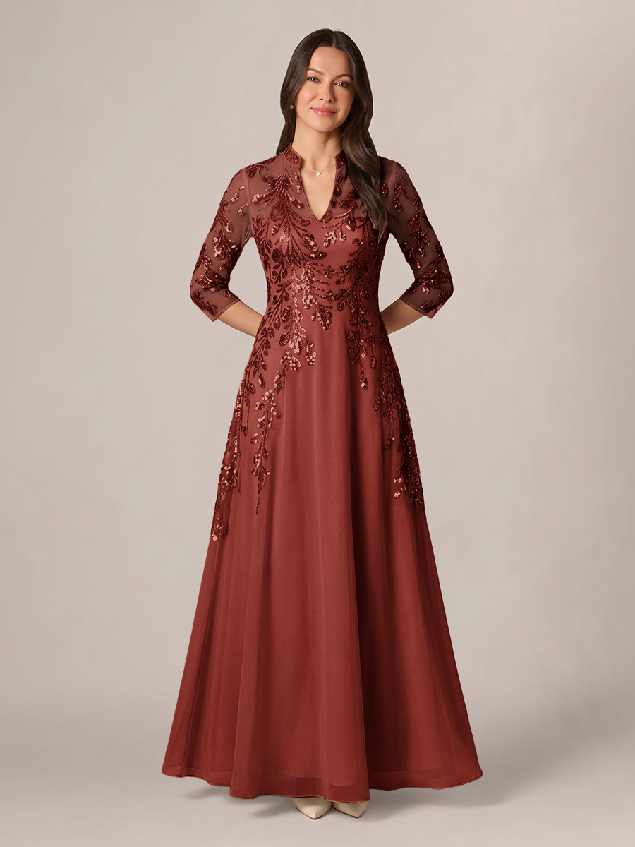 A-line High Neck 3/4 Sleeves Appliques Lace Floor-Length Chiffon Corset Mother of the Bride Dress