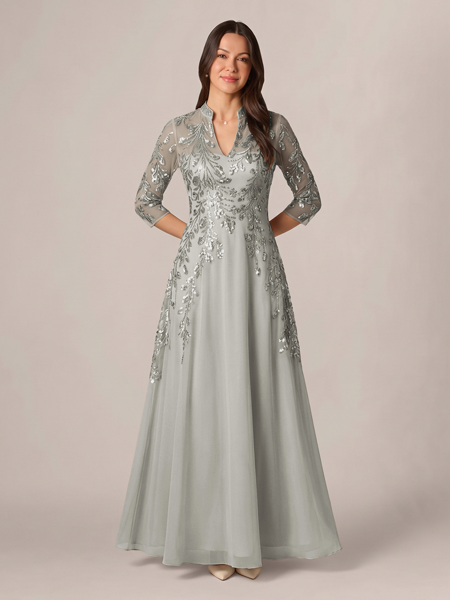 A-line High Neck 3/4 Sleeves Appliques Lace Floor-Length Chiffon Corset Mother of the Bride Dress